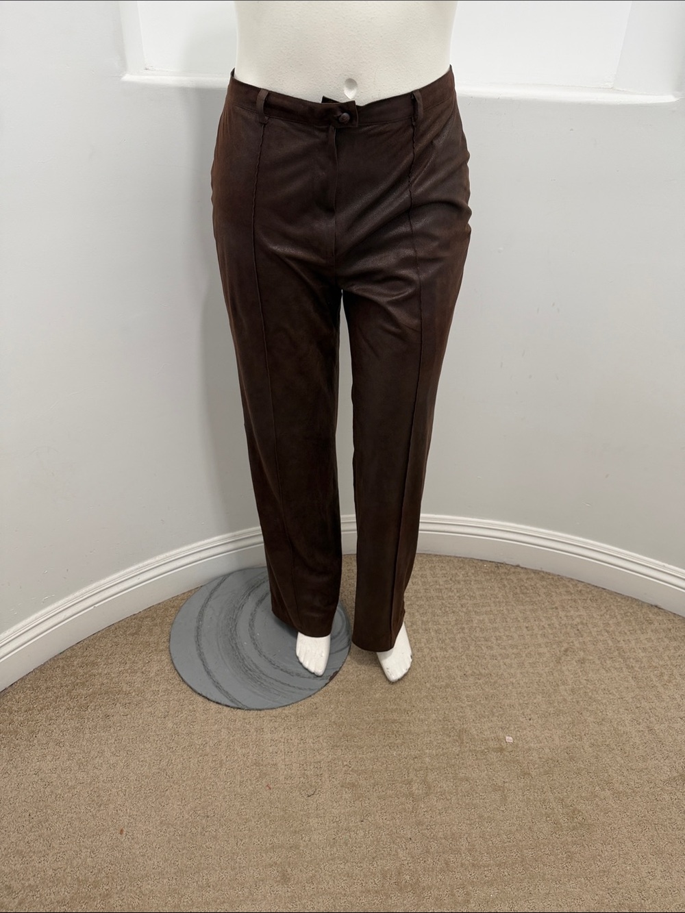 VEX Collection Women Brown Leather Straight-Leg Pants  High Waisted Size 38